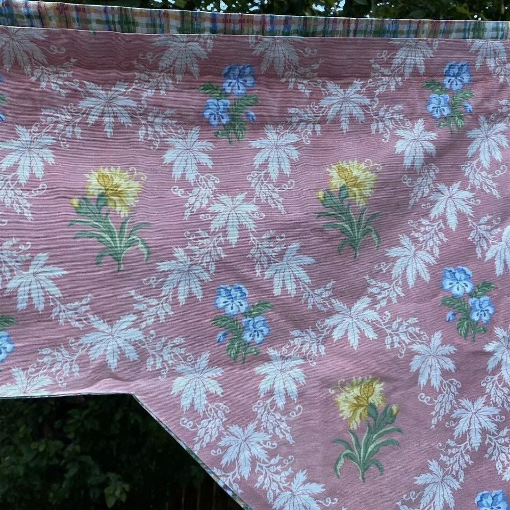 Vintage Canvas Curtain Swag Valance Pink Floral Plaid Reversible